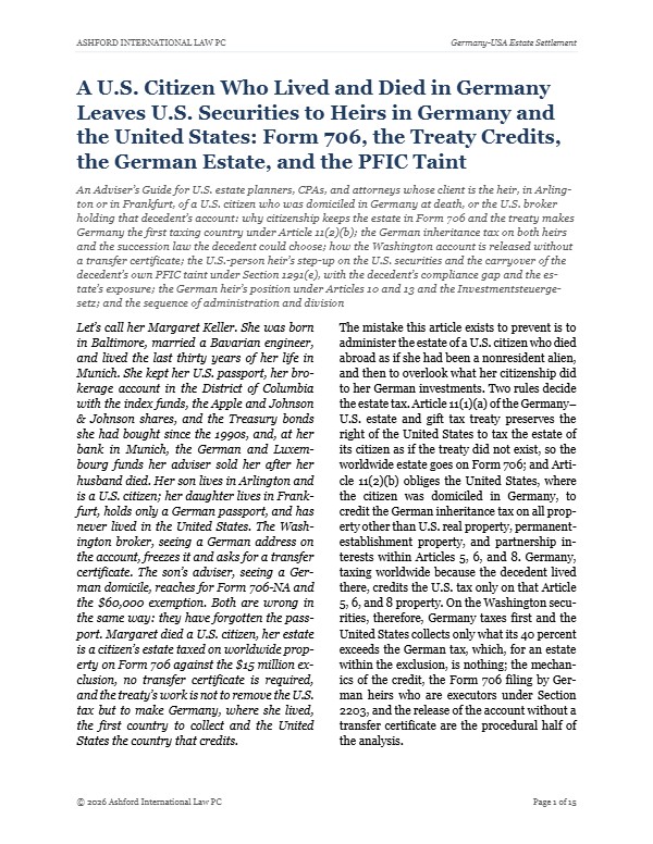 First page of "A U.S. Citizen Who Lived and Died in Germany Leaves U.S. Securities to Heirs in Germany and the United States: Form 706, the Treaty Credits, the German Estate, and the PFIC Taint"