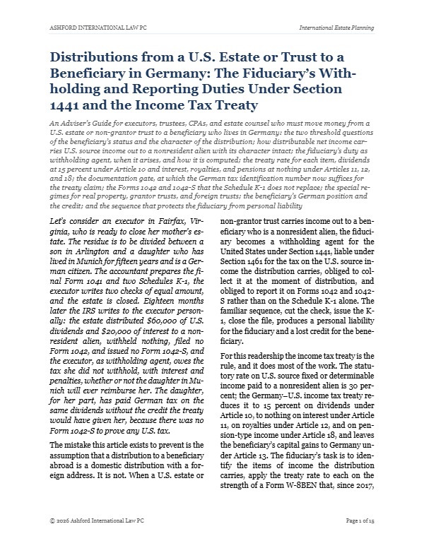 First page of "Distributions from a U.S. Estate or Trust to a Beneficiary in Germany: The Fiduciary&rsquo;s Withholding and Reporting Duties Under Section 1441 and the Income Tax Treaty"