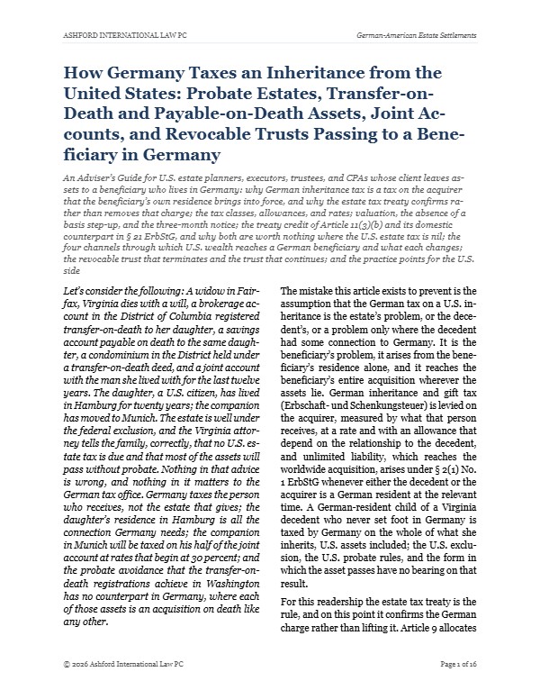 First page of "How Germany Taxes an Inheritance from the United States: Probate Estates, Transfer-on-Death and Payable-on-Death Assets, Joint Accounts, and Revocable Trusts Passing to a Beneficiary in Germany"