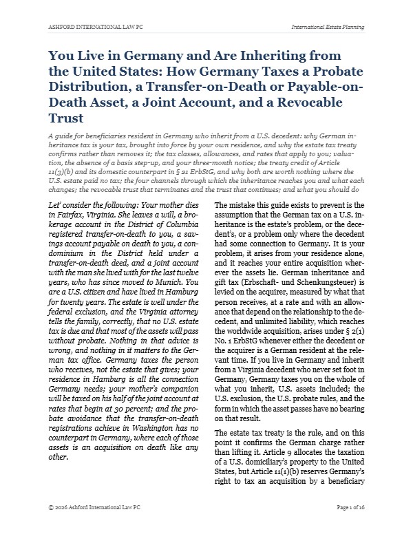 First page of "You Live in Germany and Are Inheriting from the United States: How Germany Taxes a Probate Distribution, a Transfer-on-Death or Payable-on-Death Asset, a Joint Account, and a Revocable Trust"