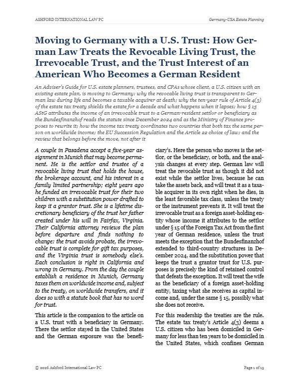 First page of "Moving to Germany with a U.S. Trust: How German Law Treats the Revocable Living Trust, the Irrevocable Trust, and the Trust Interest of an American Who Becomes a German Resident"
