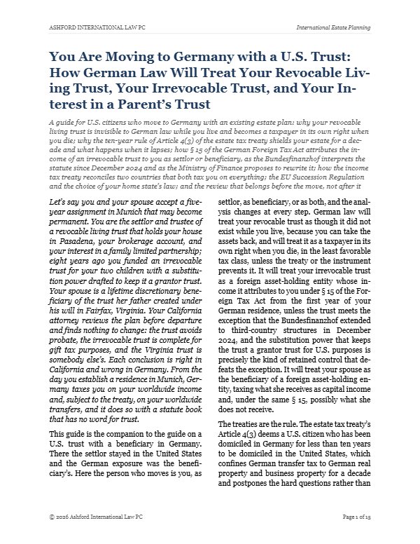First page of "You Are Moving to Germany with a U.S. Trust: How German Law Will Treat Your Revocable Living Trust, Your Irrevocable Trust, and Your Interest in a Parent&rsquo;s Trust"
