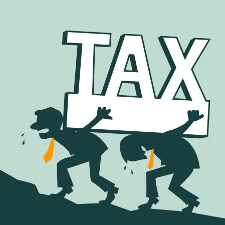 Two illustrated men in ties straining to carry a large sign reading TAX up a hill, illustrating the article on how Germany taxes an inheritance from the United States
