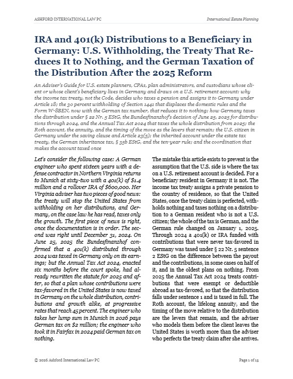 First page of "IRA and 401(k) Distributions to a Beneficiary in Germany: U.S. Withholding, the Treaty That Reduces It to Nothing, and the German Taxation of the Distribution After the 2025 Reform"