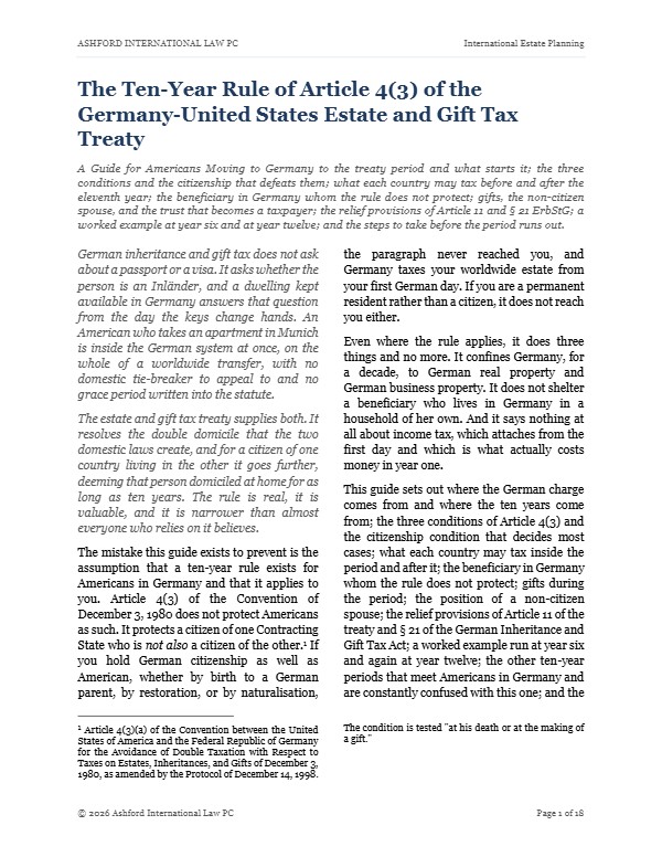 First page of "The Ten-Year Rule of Article 4(3) of the Germany-United States Estate and Gift Tax Treaty"