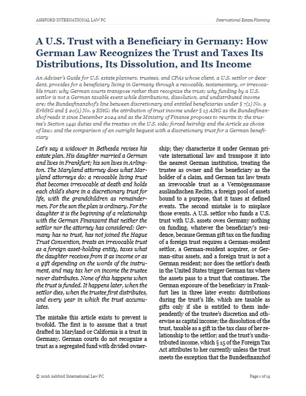 First page of "A U.S. Trust with a Beneficiary in Germany: How German Law Recognizes the Trust and Taxes Its Distributions, Its Dissolution, and Its Income"